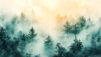 Fototapeta premium Abstract watercolor forest banner depicting green trees in fog on a beige background