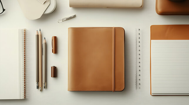 layout with neutral-colored stationery, a pencil case, and a leather notebook 