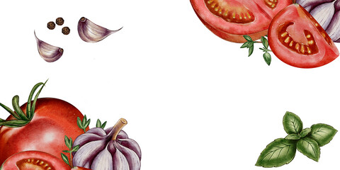 Watercolor frame with ripe tomatoes, garlic, green basil, and pepper on a white background. Suitable for menus, packaging, culinary recipes, restaurant, and food design.