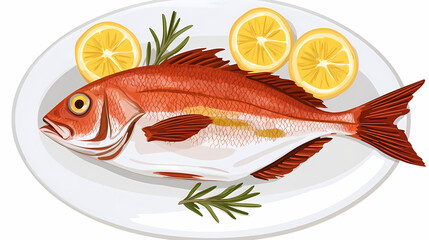 Golden Fish Dish: A culinary delight, a perfectly cooked golden fish, adorned with fresh lemon slices and fragrant rosemary sprigs, presented on a pristine white plate.