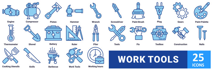 Work Tools icon set with icon Engine, Compressor, Piston, Hammer, Wrench, Screwdriver, Paint Brush, Plug, Gears, Paint Palette, Thermometer, Shovel, Battery, Ruler, Plier, Tools, Fix, Toolbox 