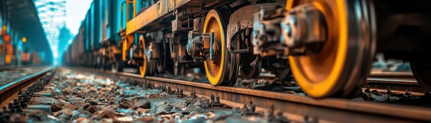 Close-Up Perspective of Freight Train Wheels on Railroad Tracks