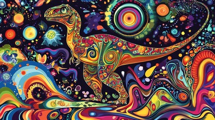 Psychedelic design of a dinosaur surrounded by trippy colors patterns and swirling shapes ideal for album covers or posters