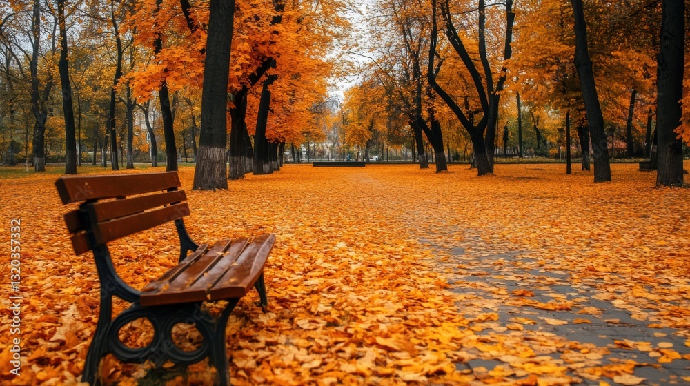 Poster colors of autumn fill the park with orange leaves creating a serene walking path for visitors enjoyi