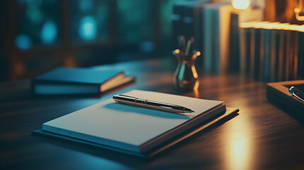 with a minimalist writing pad, pen, and a soft diffused lighting effect 