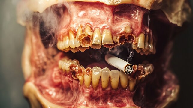Public awareness poster about smoking and dental health featuring a shocking image of decayed teeth and gum disease