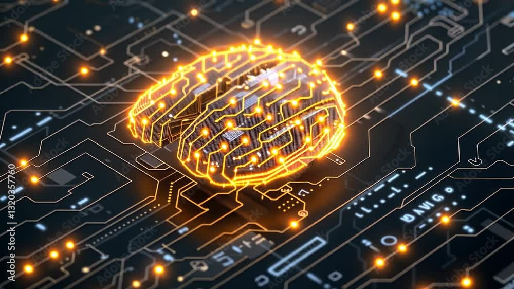 Poster glowing digital brain integrated into circuit board symbolizing artificial intelligence and technolo