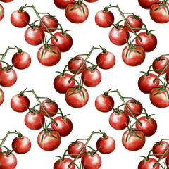 Watercolor seamless pattern with clusters of ripe tomatoes on a white background. Ideal for packaging, textiles, menu design, wallpaper and kitchen decor.