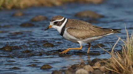 Active Plover Scurrying on a Serene Riverbank, Hunting for Invertebrates Along the Shore