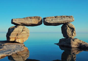 Balanced rocks arching over tranquil coastal water