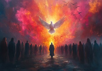 Descent of the Holy Spirit at Pentecost with Apostles in Watercolor Illustration