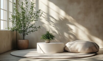 Minimalist Display Pedestal with Green Plant and Soft Natural Light