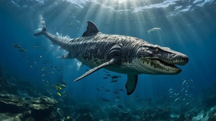 Beneath the Waves: A Mosasaur Hunts in the Swirling Depths of the Sea