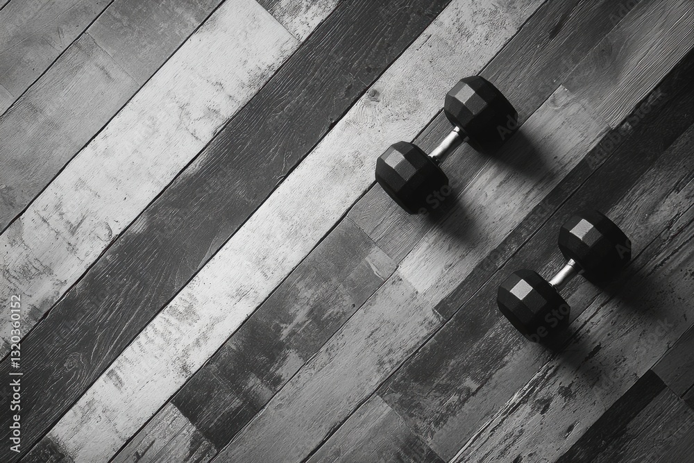 Aufkleber minimalist black and white dumbbells on textured wooden floor with negative space and diagonal lines