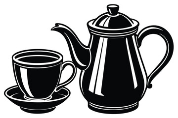 A black and white drawing of a teapot and a cup of tea