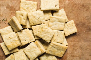 Overhead view of homemade crackers, top view of freshly baked cracker biscuits, process of making...