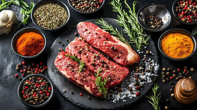 Culinary Composition: Raw steaks arranged on a serving board, surrounded by an array of aromatic spices, highlighting the artistry and preparation of a delicious meal.