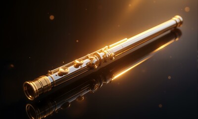 Naklejka premium Gold colored clarinet on reflective dark surface.