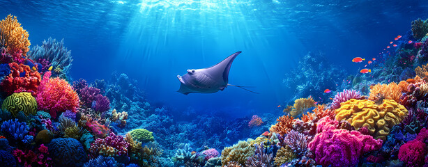 Fototapeta premium Ocean's Embrace: A serene panorama unveils the vibrant beauty of an underwater reef teeming with life, highlighted by a graceful manta ray gliding through sun-dappled waters.