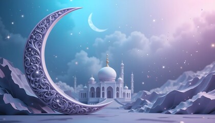 Naklejka premium Elegant Islamic Crescent Moon and Mosque on a Dreamy Pastel Background for Ramadan and Eid Celebrations