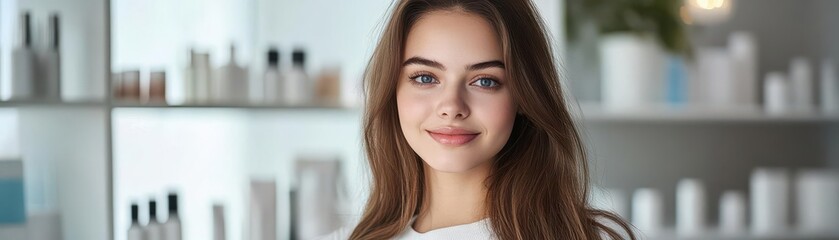 Naklejka premium Young woman with natural beauty in modern skincare salon interior