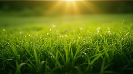 Fototapeta premium Green grass with sunlight rays. Grass in sun light. Water on green grass blades. Light reflection at top right of photo.