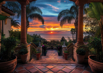 Fototapeta premium Sunset Vista: A luxurious balcony overlooks the sea, with lush tropical vegetation and a vibrant sunset painting the sky in fiery hues, evoking a sense of peace and opulence.