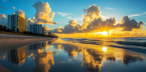 Fototapeta premium Coastal Sunrise: A breathtaking sunrise paints the sky with vibrant hues, reflecting on the wet sand of a serene beach. Modern buildings line the shore.