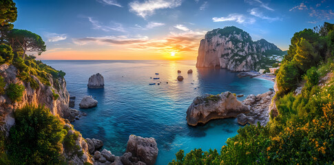 Coastal Sunrise Panorama: A breathtaking panoramic view of a vibrant sunrise over a stunning coastal landscape. The foreground features lush greenery and rock formations.