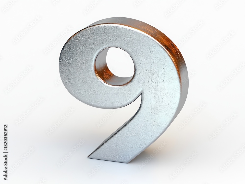 Fototapete metallic number nine 3d render minimalist design steel figure smooth surface bright object isolated 