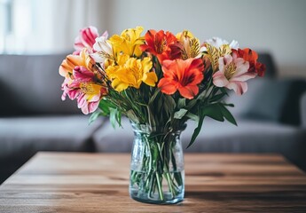 Vibrant Flower Bouquet in Glass Vase on Wooden Table with Soft Couch Background in Cozy Interior Setting