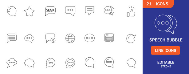 Minimal Speech Bubble Icon Set with 21 unique icons in solid black fill. Ideal for chat apps, messaging, comments, and social media. Scalable EPS format, perfect for web and mobile UI