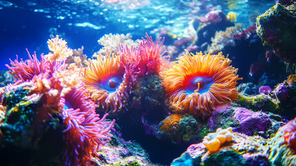 Obraz premium Underwater coral reef life: A vibrant display of underwater life featuring brightly colored coral and anemones, capturing the beauty of the ocean.