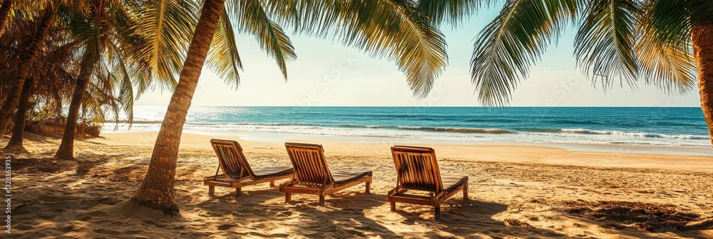 Poster relaxation awaits at a tranquil beach with sun loungers and gentle waves under swaying palm trees