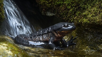 Elegant Japanese giant salamander resting under a waterfall its dark textured skin perfectly camouflaged against the mossy rocks