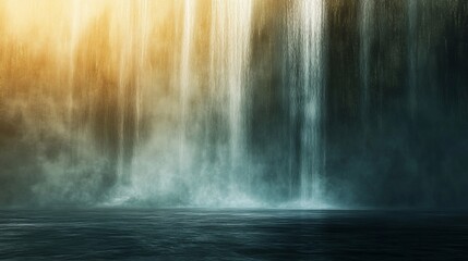 Dramatic waterfall cascade in golden and deep blue tones with dark water base