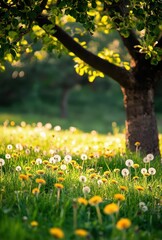 Vibrant Meadow Filled with Dandelions Under a Sunlit Tree with Lush Green Background and Warm Sunlight Creating a Serene Natural Atmosphere