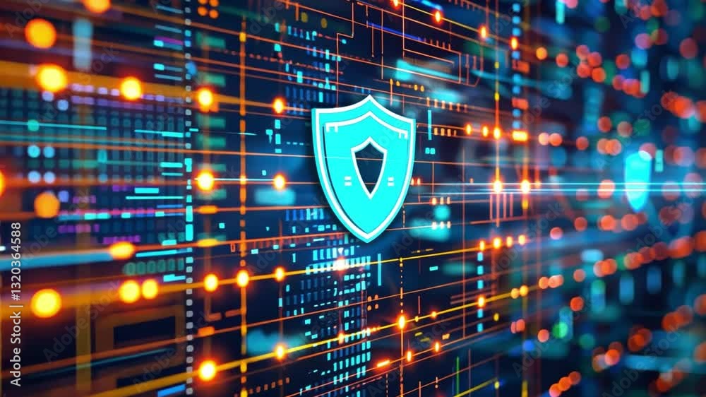 Poster futuristic digital shield icon in colorful network symbolizing cybersecurity, data protection, and a