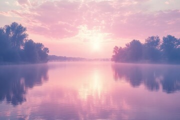 Fototapeta premium Serene Sunrise Over Misty Lake with Colorful Clouds and Reflections