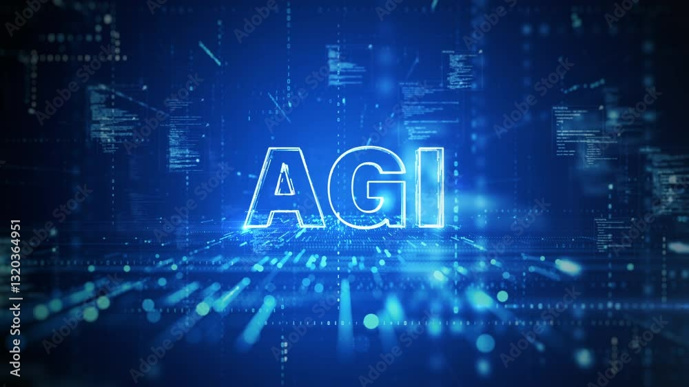 Aufkleber Glowing AGI text in a futuristic digital environment with data streams and code, symbolizing artificial general intelligence and advanced AI technology. Technology abstract background