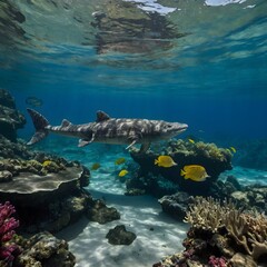 Fototapeta premium Gentle Currents: A Mother Ichthyosaur and Her Young Amid Coral Gardens