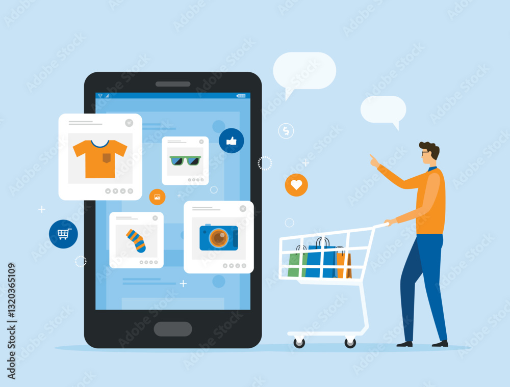Poster flat vector illustration design for online shopping and e-commerce concept. a man shopping with a large smartphone displaying. mobile shopping experience concept
