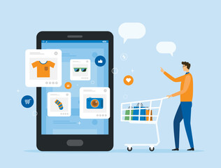 flat vector illustration design for online shopping and e-commerce concept. a man shopping with a large smartphone displaying. mobile shopping experience concept
