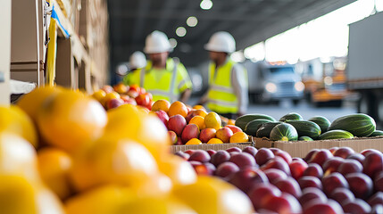Fresh Produce Distribution: A vibrant display of ripe fruits and vegetables takes center stage in a bustling distribution center, with workers in the background overseeing operations