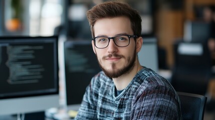 Fototapeta premium Focused programmer in casual attire, deep in thought, with a dramatic side light. Capturing the essence of concentration and creativity in modern w 