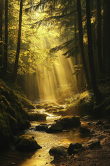 Obraz premium Sunlight filters through the dense forest, casting warm golden hues on a tranquil brook surrounded by lush greenery.