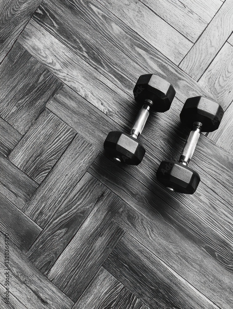 Poster minimalist black and white dumbbells on textured wooden floor with diagonal lines and ample negative