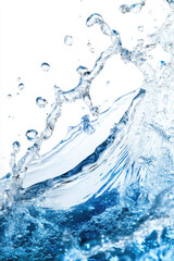 Dynamic splash of blue water against a white background, capturing motion and freshness in vivid detail.