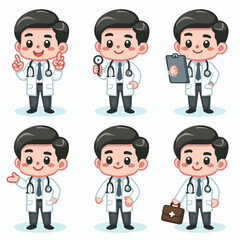Charming doctor character illustrations set for healthcare and wellness designs