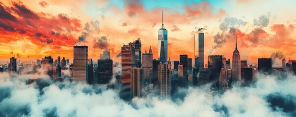 Dramatic Skyline of New York City at Sunset with Colorful Clouds